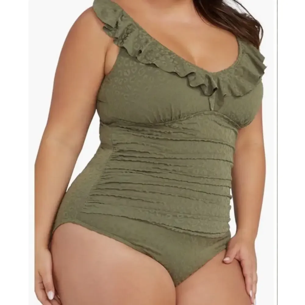Artesands bathing suit ruffle one-piece swimsuit olive size 20 - Picture 1 of 7
